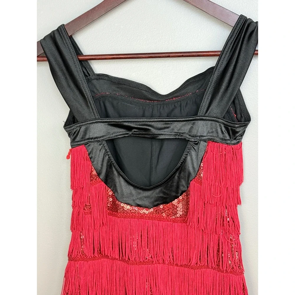 Weissman‎ Dance Costume Dress Kids LC Red Nylon Spandex Fringe Sequin 8810